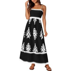 image:imagePRETTYGARDEN Summer Dress for Women 2026 Floral Sundress Spaghetti Strap Flowy Beach Vacation Boho Maxi DressesBlack White Floral