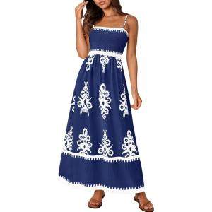 image:imagePRETTYGARDEN Summer Dress for Women 2026 Floral Sundress Spaghetti Strap Flowy Beach Vacation Boho Maxi DressesDark Blue White Floral
