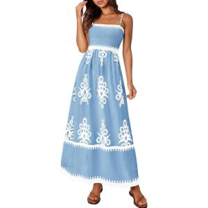 image:imagePRETTYGARDEN Summer Dress for Women 2026 Floral Sundress Spaghetti Strap Flowy Beach Vacation Boho Maxi DressesLight Blue White Floral