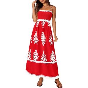 image:imagePRETTYGARDEN Summer Dress for Women 2026 Floral Sundress Spaghetti Strap Flowy Beach Vacation Boho Maxi DressesRed White Floral