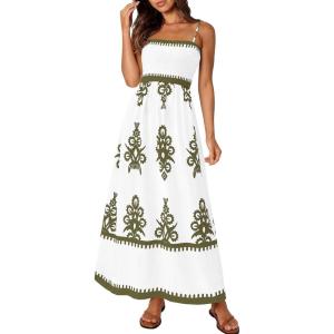 image:imagePRETTYGARDEN Summer Dress for Women 2026 Floral Sundress Spaghetti Strap Flowy Beach Vacation Boho Maxi DressesWhite Army Green Floral