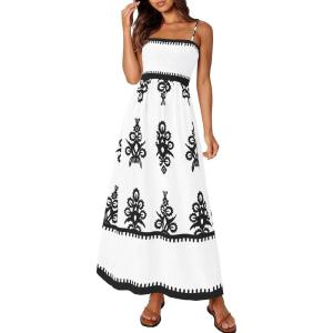 image:imagePRETTYGARDEN Summer Dress for Women 2026 Floral Sundress Spaghetti Strap Flowy Beach Vacation Boho Maxi DressesWhite Black Floral