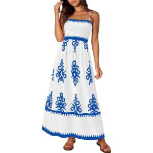 image:imagePRETTYGARDEN Summer Dress for Women 2026 Floral Sundress Spaghetti Strap Flowy Beach Vacation Boho Maxi DressesWhite Blue Floral