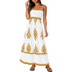 image:imagePRETTYGARDEN Summer Dress for Women 2026 Floral Sundress Spaghetti Strap Flowy Beach Vacation Boho Maxi DressesWhite Khaki Floral