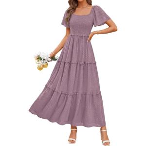 image:imagePRETTYGARDEN Summer Dresses for Women 2026 Boho Maxi Smocked Spring Wedding Guest Square Neck Short Sleeve Swiss Dot DressPurple