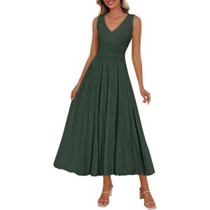 image:imagePRETTYGARDEN Summer Dresses for Women 2026 Spring Casual Sleeveless V Neck Pleated Midi Work Cocktail Wedding Guest DressArmy Green