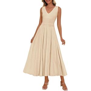 image:imagePRETTYGARDEN Summer Dresses for Women 2026 Spring Casual Sleeveless V Neck Pleated Midi Work Cocktail Wedding Guest DressBeige