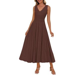 image:imagePRETTYGARDEN Summer Dresses for Women 2026 Spring Casual Sleeveless V Neck Pleated Midi Work Cocktail Wedding Guest DressBrown