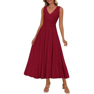 image:imagePRETTYGARDEN Summer Dresses for Women 2026 Spring Casual Sleeveless V Neck Pleated Midi Work Cocktail Wedding Guest DressBurgundy