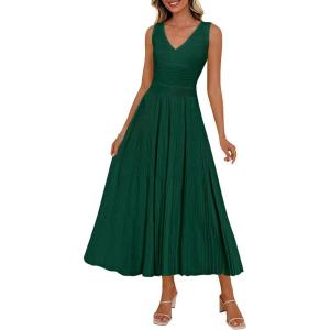 image:imagePRETTYGARDEN Summer Dresses for Women 2026 Spring Casual Sleeveless V Neck Pleated Midi Work Cocktail Wedding Guest DressDark Green