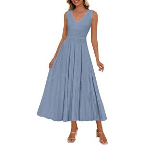 image:imagePRETTYGARDEN Summer Dresses for Women 2026 Spring Casual Sleeveless V Neck Pleated Midi Work Cocktail Wedding Guest DressGrey Blue