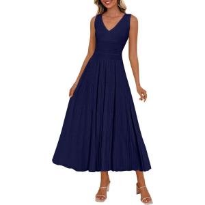 image:imagePRETTYGARDEN Summer Dresses for Women 2026 Spring Casual Sleeveless V Neck Pleated Midi Work Cocktail Wedding Guest DressNavy