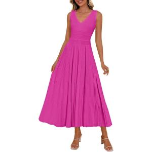 image:imagePRETTYGARDEN Summer Dresses for Women 2026 Spring Casual Sleeveless V Neck Pleated Midi Work Cocktail Wedding Guest DressRose Red