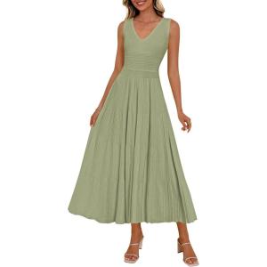 image:imagePRETTYGARDEN Summer Dresses for Women 2026 Spring Casual Sleeveless V Neck Pleated Midi Work Cocktail Wedding Guest DressSage Green