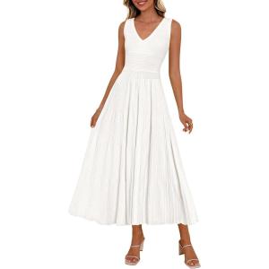 image:imagePRETTYGARDEN Summer Dresses for Women 2026 Spring Casual Sleeveless V Neck Pleated Midi Work Cocktail Wedding Guest DressWhite