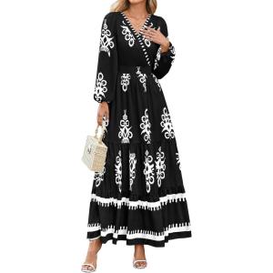 image:imagePRETTYGARDEN Womens 2026 Fall Wedding Guest Dresses Boho Floral Long Sleeve V Neck Flowy Elegant Maxi Dress Beach ClothesFloral Black White