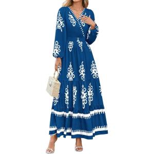 image:imagePRETTYGARDEN Womens 2026 Fall Wedding Guest Dresses Boho Floral Long Sleeve V Neck Flowy Elegant Maxi Dress Beach ClothesFloral Lake Blue White