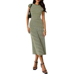 image:imagePRETTYGARDEN Womens 2026 Summer Bodycon Midi Dress Casual Striped Cap Sleeve Party Wedding Guest Dresses Vacation OutfitsStriped Army Green White