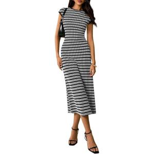 image:imagePRETTYGARDEN Womens 2026 Summer Bodycon Midi Dress Casual Striped Cap Sleeve Party Wedding Guest Dresses Vacation OutfitsStriped Black White