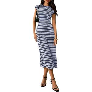 image:imagePRETTYGARDEN Womens 2026 Summer Bodycon Midi Dress Casual Striped Cap Sleeve Party Wedding Guest Dresses Vacation OutfitsStriped Navy White
