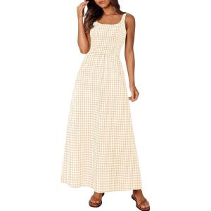 image:imagePRETTYGARDEN Womens 2026 Summer Spaghetti Strap Maxi Dresses Plaid Square Neck A Line Casual Beach Vacation Long SundressBeige