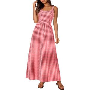 image:imagePRETTYGARDEN Womens 2026 Summer Spaghetti Strap Maxi Dresses Plaid Square Neck A Line Casual Beach Vacation Long SundressBrilliant Red