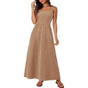 image:imagePRETTYGARDEN Womens 2026 Summer Spaghetti Strap Maxi Dresses Plaid Square Neck A Line Casual Beach Vacation Long SundressCoffee