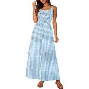 image:imagePRETTYGARDEN Womens 2026 Summer Spaghetti Strap Maxi Dresses Plaid Square Neck A Line Casual Beach Vacation Long SundressDusty Blue