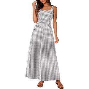 image:imagePRETTYGARDEN Womens 2026 Summer Spaghetti Strap Maxi Dresses Plaid Square Neck A Line Casual Beach Vacation Long SundressGrey