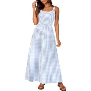 image:imagePRETTYGARDEN Womens 2026 Summer Spaghetti Strap Maxi Dresses Plaid Square Neck A Line Casual Beach Vacation Long SundressLight Blue