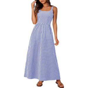image:imagePRETTYGARDEN Womens 2026 Summer Spaghetti Strap Maxi Dresses Plaid Square Neck A Line Casual Beach Vacation Long SundressNavy