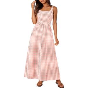 image:imagePRETTYGARDEN Womens 2026 Summer Spaghetti Strap Maxi Dresses Plaid Square Neck A Line Casual Beach Vacation Long SundressPink