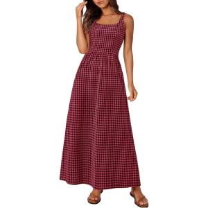 image:imagePRETTYGARDEN Womens 2026 Summer Spaghetti Strap Maxi Dresses Plaid Square Neck A Line Casual Beach Vacation Long SundressRed Black