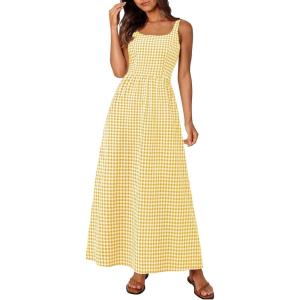 image:imagePRETTYGARDEN Womens 2026 Summer Spaghetti Strap Maxi Dresses Plaid Square Neck A Line Casual Beach Vacation Long SundressYellow