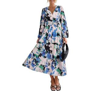 image:imagePRETTYGARDEN Womens Floral Midi Dress Casual Fall V Neck Long Sleeve Flowy Spring Beach Wedding Guest Vacation DressesBlack Blue Floral