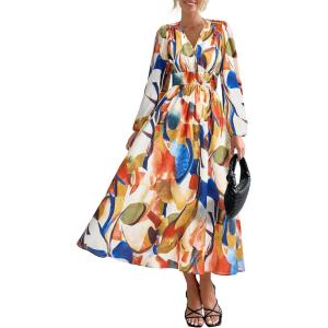 image:imagePRETTYGARDEN Womens Floral Midi Dress Casual Fall V Neck Long Sleeve Flowy Spring Beach Wedding Guest Vacation DressesBlue Watercolour