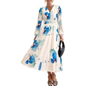 image:imagePRETTYGARDEN Womens Floral Midi Dress Casual Fall V Neck Long Sleeve Flowy Spring Beach Wedding Guest Vacation DressesBlue White Floral