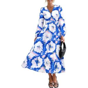 image:imagePRETTYGARDEN Womens Floral Midi Dress Casual Fall V Neck Long Sleeve Flowy Spring Beach Wedding Guest Vacation DressesBlue White Watercolour