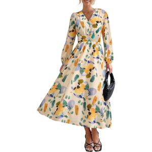 image:imagePRETTYGARDEN Womens Floral Midi Dress Casual Fall V Neck Long Sleeve Flowy Spring Beach Wedding Guest Vacation DressesGreen Floral
