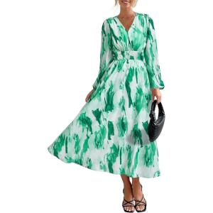 image:imagePRETTYGARDEN Womens Floral Midi Dress Casual Fall V Neck Long Sleeve Flowy Spring Beach Wedding Guest Vacation DressesGreen Watercolour