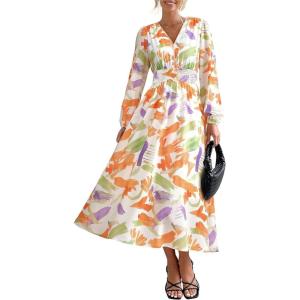 image:imagePRETTYGARDEN Womens Floral Midi Dress Casual Fall V Neck Long Sleeve Flowy Spring Beach Wedding Guest Vacation DressesOrange Purple Floral
