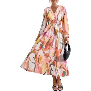 image:imagePRETTYGARDEN Womens Floral Midi Dress Casual Fall V Neck Long Sleeve Flowy Spring Beach Wedding Guest Vacation DressesPink Watercolour