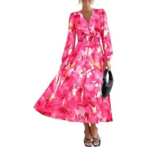 image:imagePRETTYGARDEN Womens Floral Midi Dress Casual Fall V Neck Long Sleeve Flowy Spring Beach Wedding Guest Vacation DressesRose Pink Watercolour