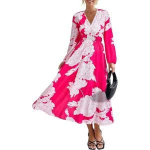 image:imagePRETTYGARDEN Womens Floral Midi Dress Casual Fall V Neck Long Sleeve Flowy Spring Beach Wedding Guest Vacation DressesRose Red Floral