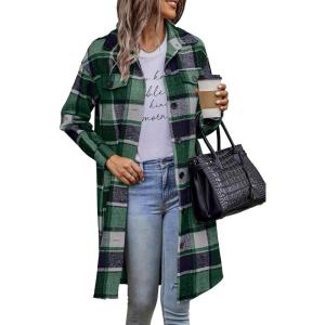image:imagePRETTYGARDEN Womens Plaid Shacket Jacket Fall Fashion 2026 Long Sleeve Button Up Flannel Shirt Winter Clothing Woolen CoatsDark Green