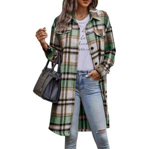 image:imagePRETTYGARDEN Womens Plaid Shacket Jacket Fall Fashion 2026 Long Sleeve Button Up Flannel Shirt Winter Clothing Woolen CoatsGreen
