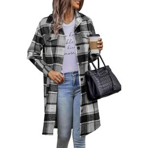 image:imagePRETTYGARDEN Womens Plaid Shacket Jacket Fall Fashion 2026 Long Sleeve Button Up Flannel Shirt Winter Clothing Woolen CoatsGrey