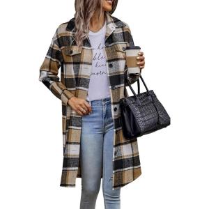 image:imagePRETTYGARDEN Womens Plaid Shacket Jacket Fall Fashion 2026 Long Sleeve Button Up Flannel Shirt Winter Clothing Woolen CoatsKhaki