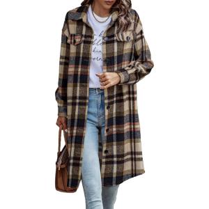 image:imagePRETTYGARDEN Womens Plaid Shacket Jacket Fall Fashion 2026 Long Sleeve Button Up Flannel Shirt Winter Clothing Woolen CoatsNavy