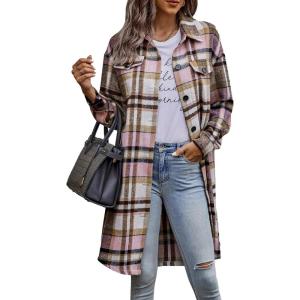 image:imagePRETTYGARDEN Womens Plaid Shacket Jacket Fall Fashion 2026 Long Sleeve Button Up Flannel Shirt Winter Clothing Woolen CoatsPink
